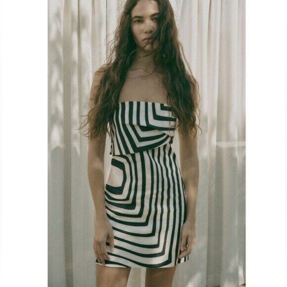 Zara Womens Dress XS Black White Linen Zebra Print Strapless 3297/441 NWT - Picture 1 of 7